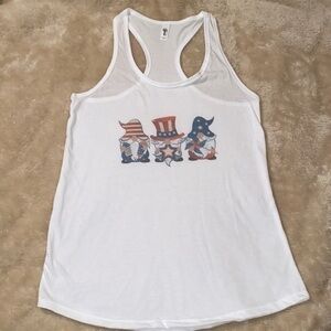 Women’s racerback white tank top USA gnomes MEDIUM